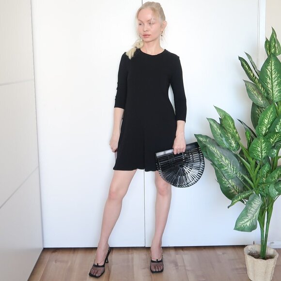 Aqua Knitted Ribbed Black 3/4 Sleeve Mini Dress - Picture 1 of 7